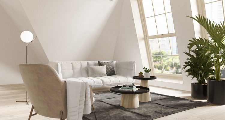 Interior of modern living room with sofa 3 D rendering